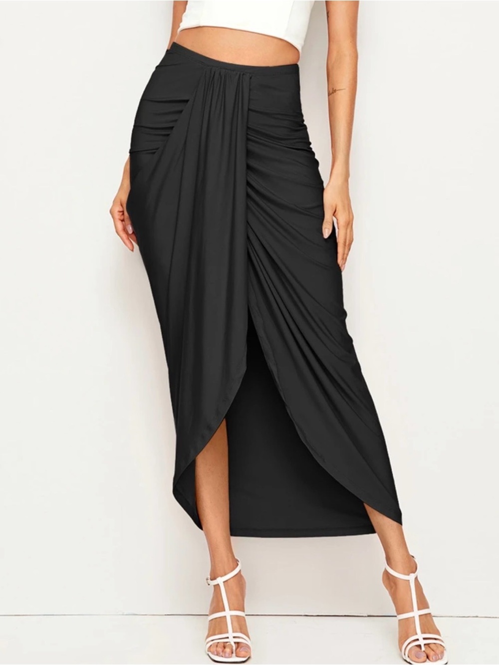 Draped Front Tulip Maxi Skirt - Black